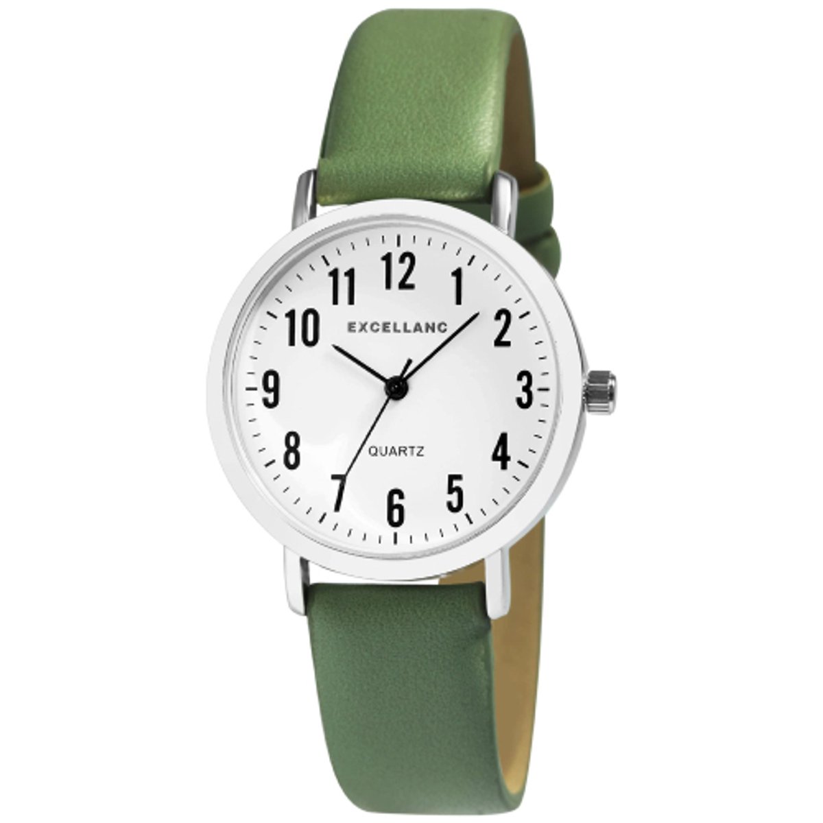 Excellanc-dameshorloge-olijfgroen-duidelijke wijzerplaat-diameter 33 mm-3 atm waterdicht-zilverkleurig