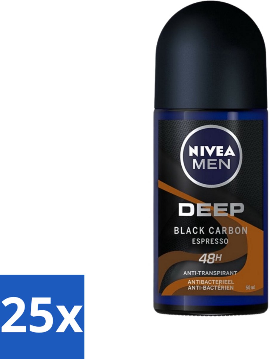 25 x Nivea - Men - Deodorant - Roller - Deep Black Carbon Espresso - 50 ml - Anti-transpirant - Deodorant Roller - Espresso Geur - 48 Uur Bescherming - Actieve Kool