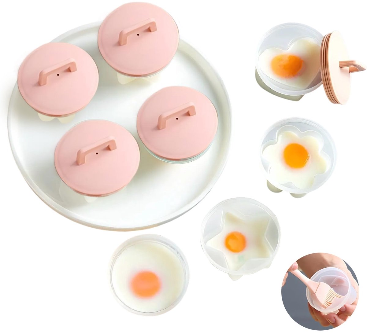 Eierkokerbekers, 4-delige eierkoker met deksel, olieborstel voor eieren, 4 herbruikbare eiervormpjes, BPA-vrije antiaanbak eierkokers, geschikt voor eieren zonder schaal, roze