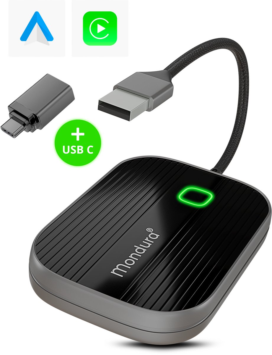 Mondura Pro 2-in-1 Carplay Dongle - Geschikt Voor Apple Carplay & Android Auto Dongle - Extra veel bereik - USB - USB-C - Zwart glass - 2025 Model