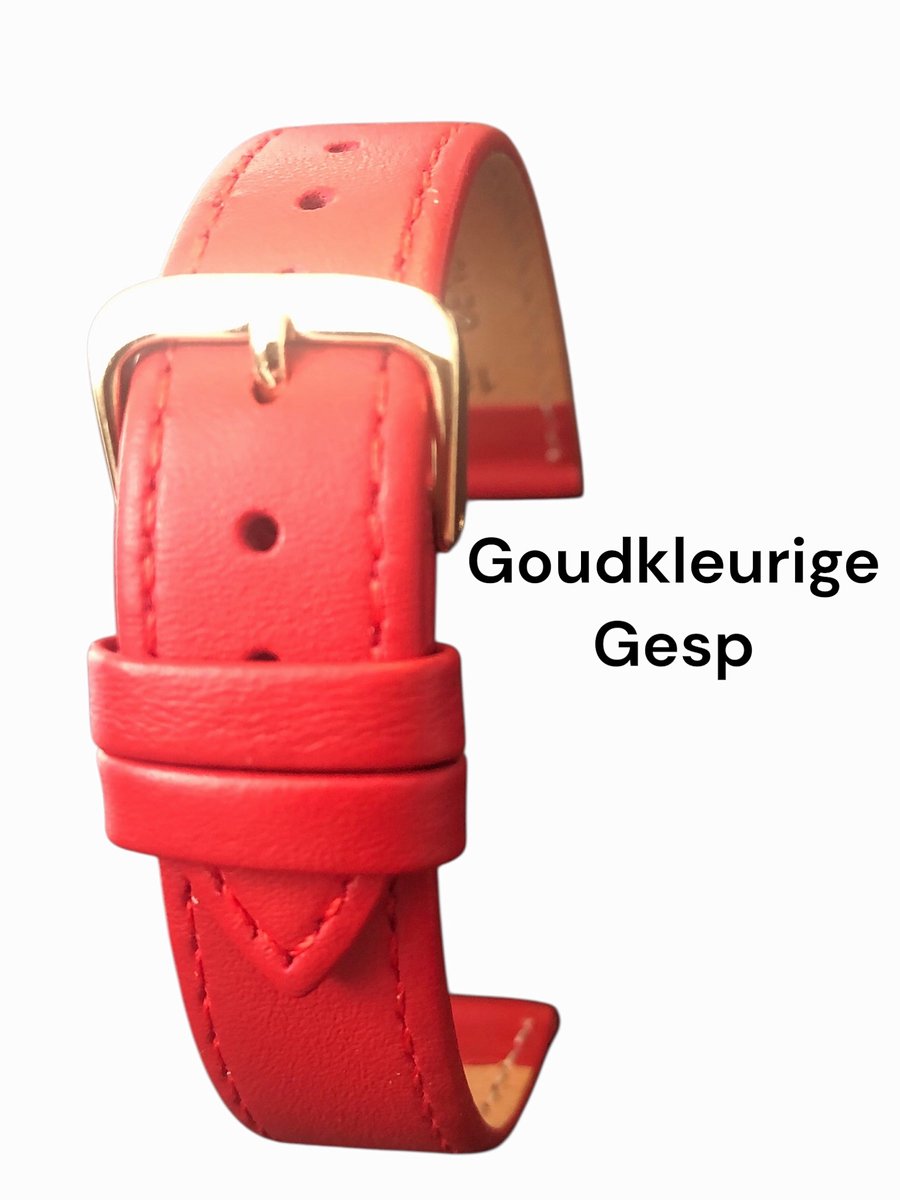 Horlogeband-horlogebandje-20mm-echt leer-zacht-mat-leer-rood-plat-goudkleurige gesp- leer-20 mm