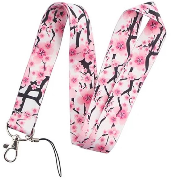 Wit koord met roze kersenbloesems en takken, uitgevouwen, met zilverkleurige clip.