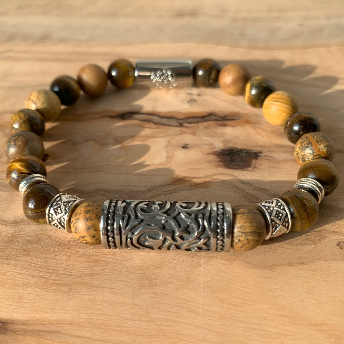 Dragon Bracelets Viking - Heren Armband - Bruin Geel Tijgeroog en Jaspis - Natuursteen