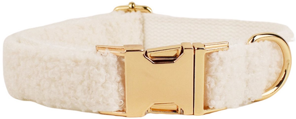 Witte Luxe Hondenhalsband – Sherpa Stof, Gouden Gesp, Maat M (27–41cm) | Comfortabel & Chic