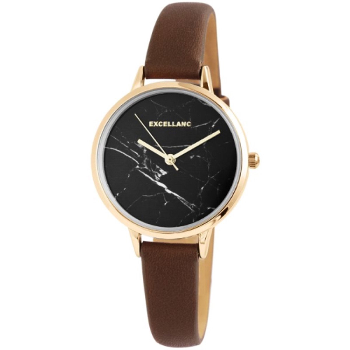 Excellanc-dameshorloge-goudkleurig-marmer print wijzerplaat-bruin-3 atm waterdicht-diameter 33 mm