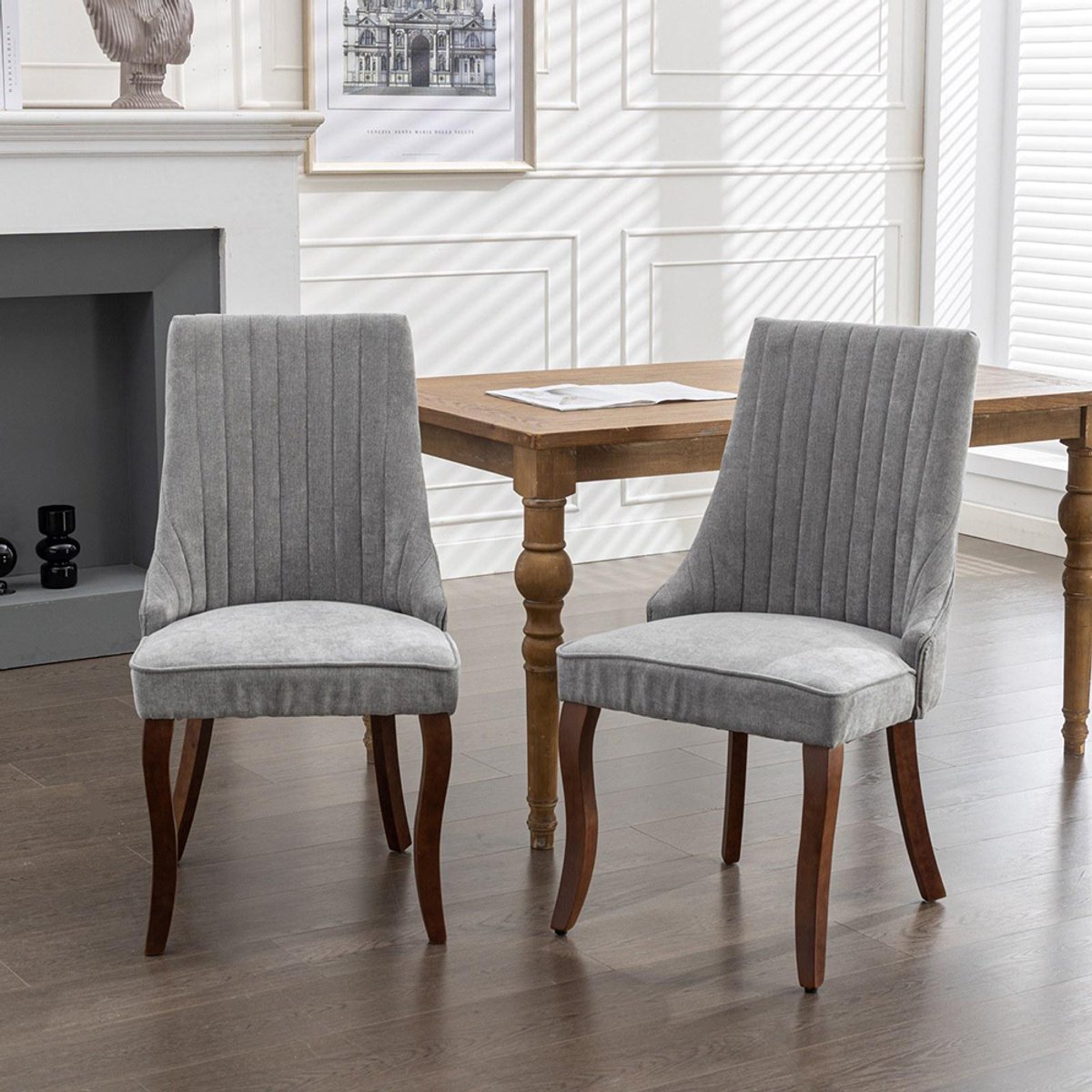 Pugsdrly Eetkamerstoelen van flocked rayon, Channel-keukenstoelen, comfortabele bijzetstoelen van gestoffeerde stof voor de eetkamer met gebogen massief houten poten, set van 2 (grijs), DE1847GY