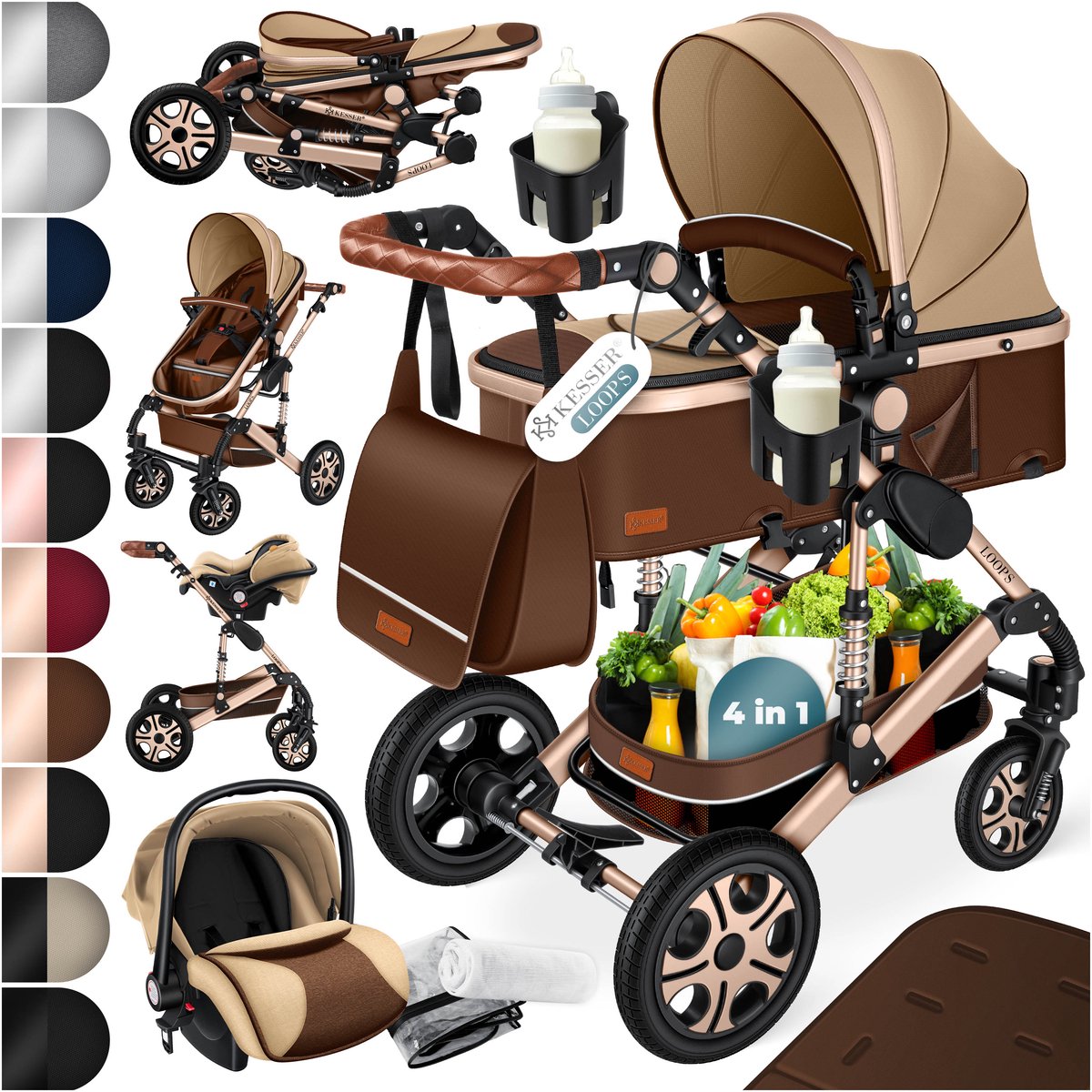 KESSER® 3 in 1 Kinderwagen Set met Autostoel en Reiswieg - Bruin/Champagne - Product - €253,80