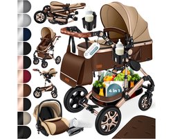 KESSER® Kinderwagen 3 in 1 Loops Wandelwagen Set incl. Autostoel & Reiswieg & Buggy Sportzitje - Massieve Rubberbanden - Luiertas / Regenhoes - Bruin / Champagne