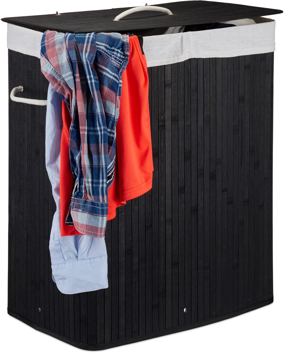 3x wasmand 2 vakken - bamboe wasbox zwart - 95 liter - opvouwbaar - met deksel