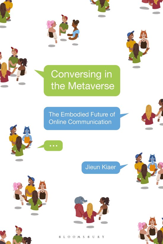 Boek met de titel 'Conversing in the Metaverse' met illustraties van mensen en dieren in de metaverse.