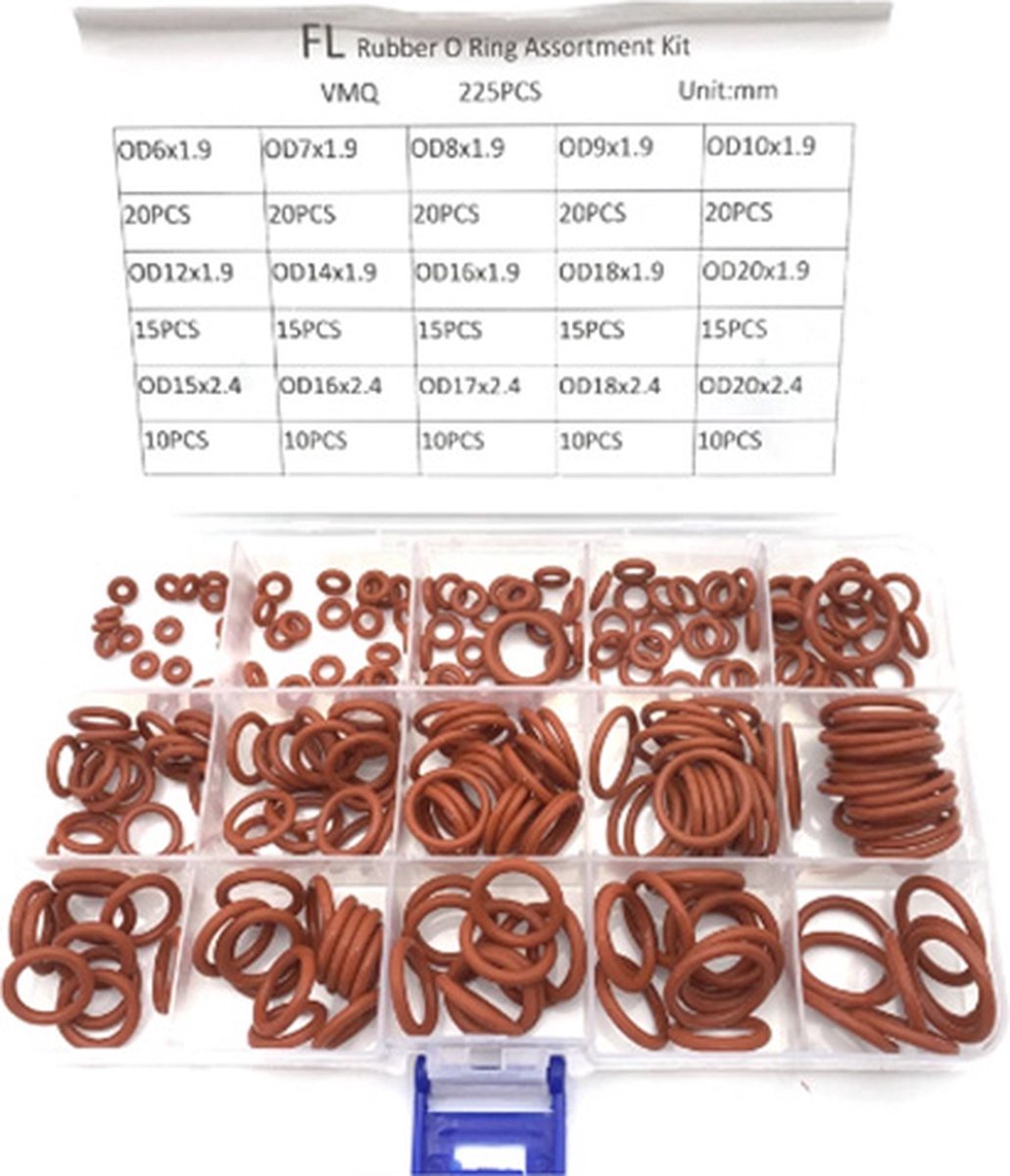 Flexigood® - O-Ringen Set 225 stuks – 15 verschillende maten – Rood Rubber Hoge Temperatuur - Afdichtingsringen set