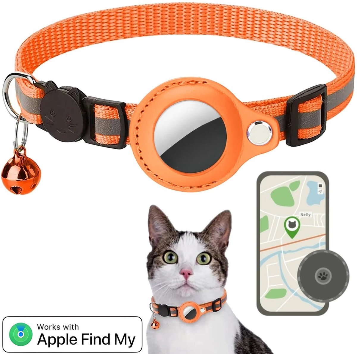 BlueTime ® - Kattenhalsband inclusief Tag - Halsband Kat & Kitten met Kattenbelletje - Gps Tracker Kat zonder Abonnement - Geschikt voor Apple Find My - Kattenbandje, Poes, Kattenriem air & Tuigje met Houder - Oranje