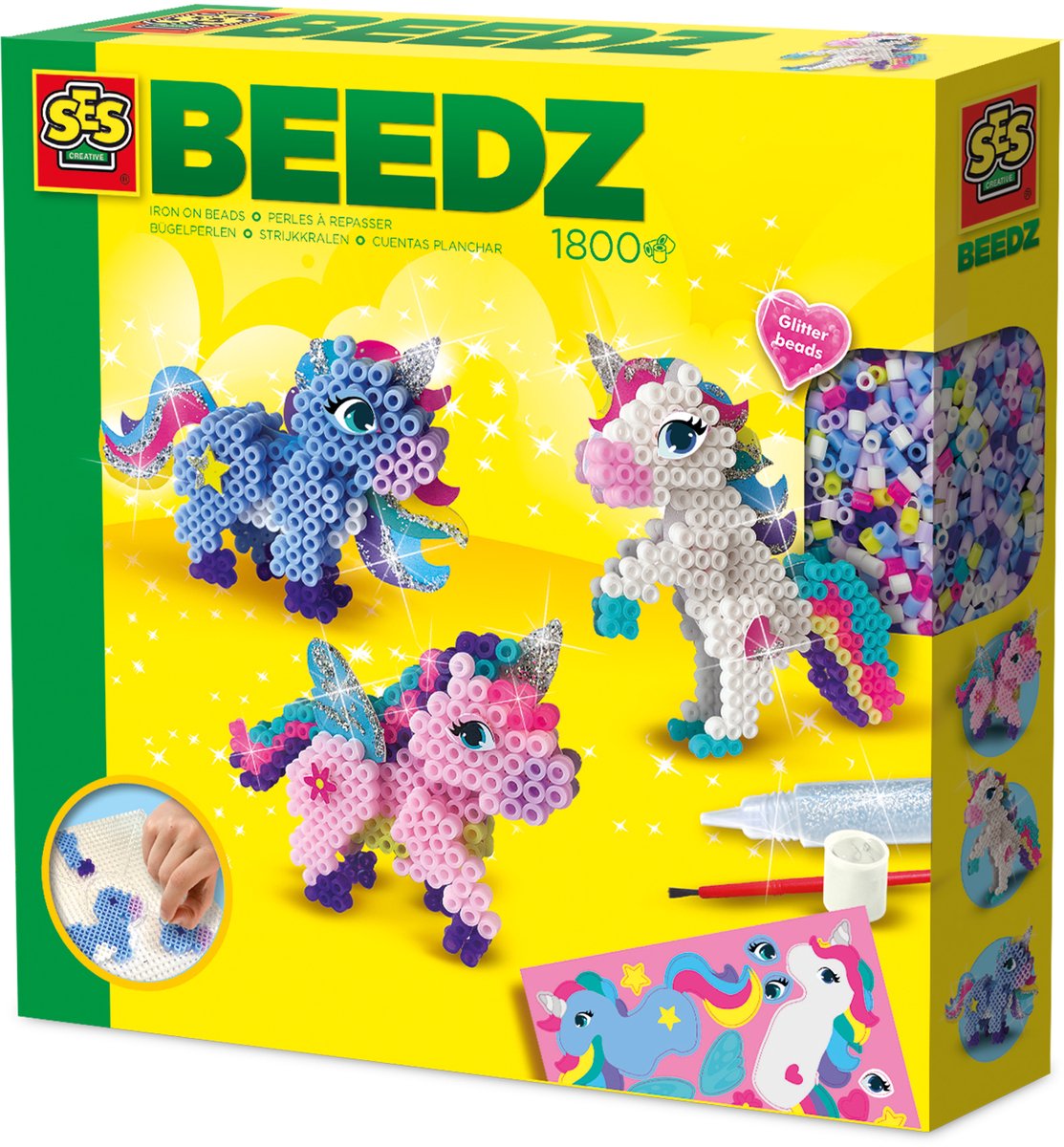 SES Creative - Beedz - Unicorn - 1800 Strijkkralen met Grondplaten, Glitters en Strijkvellen - Vanaf 5 Jaar