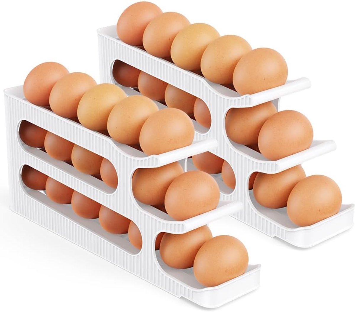 Eierhouder, koelkastorganizer, automatisch rollen, ruimtebesparend, eierhouder voor koelkast, keuken, 2 stuks, eierhouder