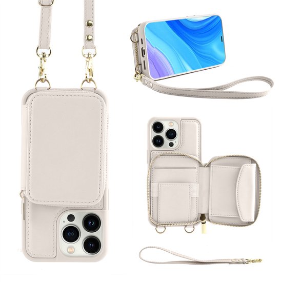 Étui portefeuille en cuir blanc pour iPhone avec poche zippée, portefeuille ouverte et lanière, également montré avec une bandoulière.