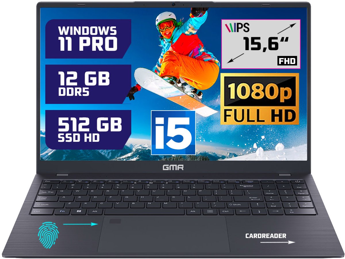 GMR - 15.6 Inch Full HD Laptop - Intel Core i5 - 12GB DDR5 RAM - 512GB SSD - Windows 11 Pro voor Thuis, Office en Studie notebook