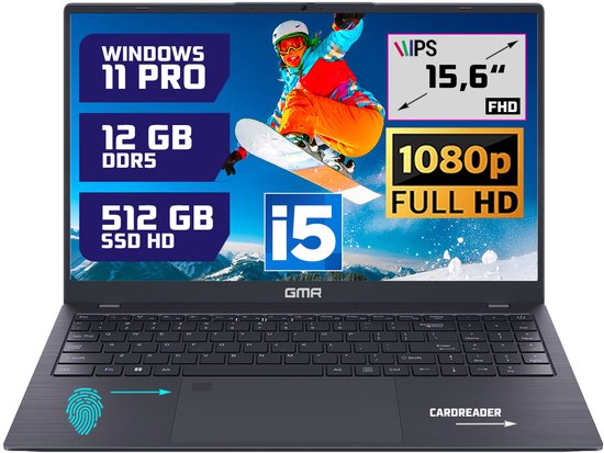 GMR - 15.6 Inch Full HD Laptop - Intel Core i5 - 12GB DDR5 RAM - 512GB SSD - Windows 11 Pro voor Thuis, Office en Studie notebook - GMR - Hoofdafbeelding