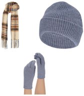 Gebreide muts Dames en Heren en Winter Warme Wollen Muts Sjaal Handschoenen Driedelige Winter Sneeuw Gebreide Muts Paraplu Wanten Sjaals Sets Muts Dames Blauw, donkergrijs, One size