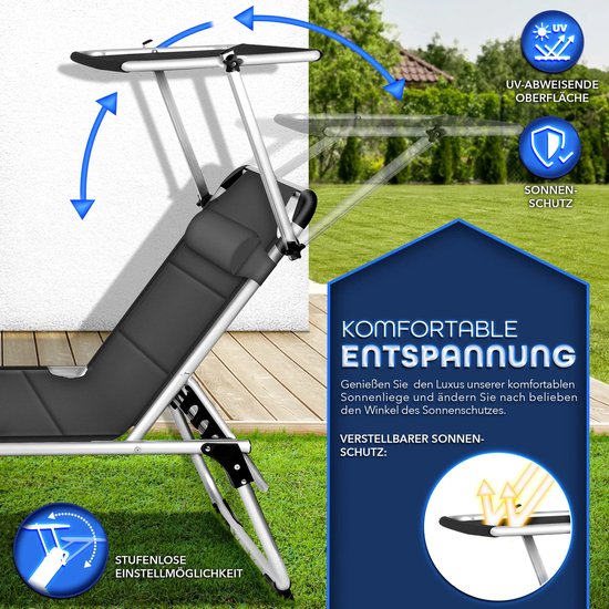 Chaise longue tillvex® Aluminium Anthracite – pliable – dossier réglable sur 5 positions – avec pare-soleil et coussin de tête – 212 x 60 x 35 cm – Chaise longue de jardin avec revêtement haut de gamme