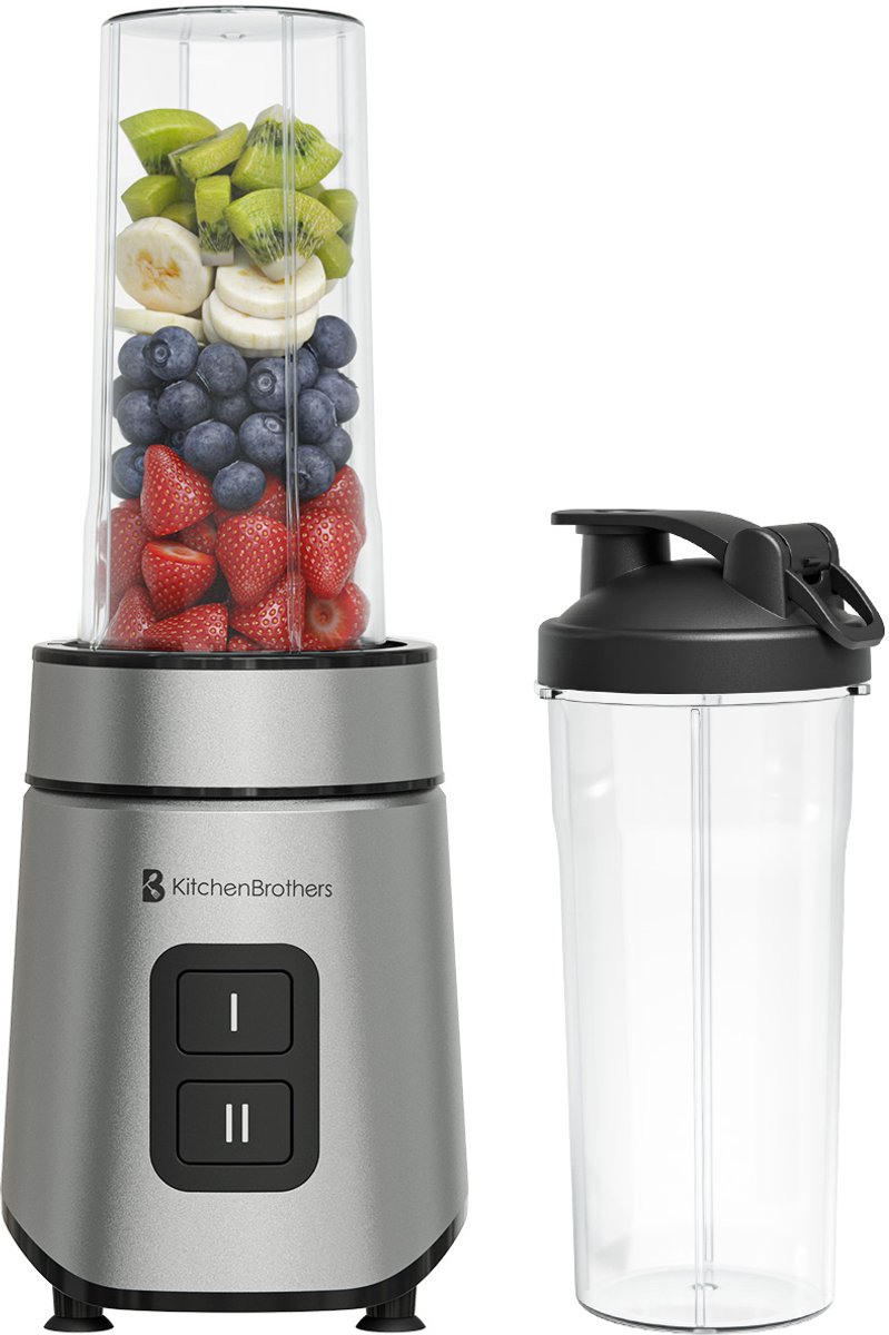 KitchenBrothers Mini Blender - Blender to Go - 2 Standen - Smoothie Maker - 2 To-Go Bekers 600 ml - Zwart