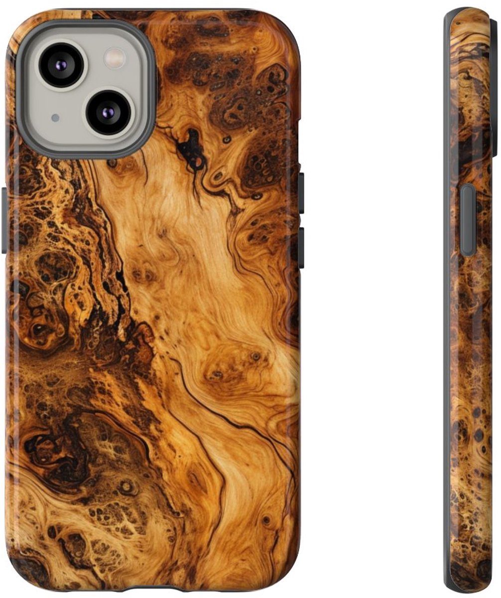 Luxe Burlhoutstructuur met Glanzende Afwerking – Telefoonhoesje Geschikt voor iPhone 14