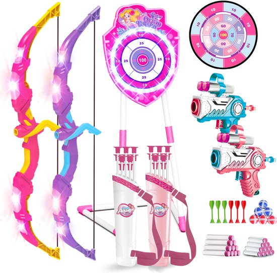 VATOS 2 Pack Zeemeermin Pijl en Boog Speelgoed - LED Licht - 4-in-1 Boogschieten Dartspel Set - 20 Zuignap Pijlen - Dartbord - Binnen/Buiten voor Kinderen Jongens Meisjes 5-12+