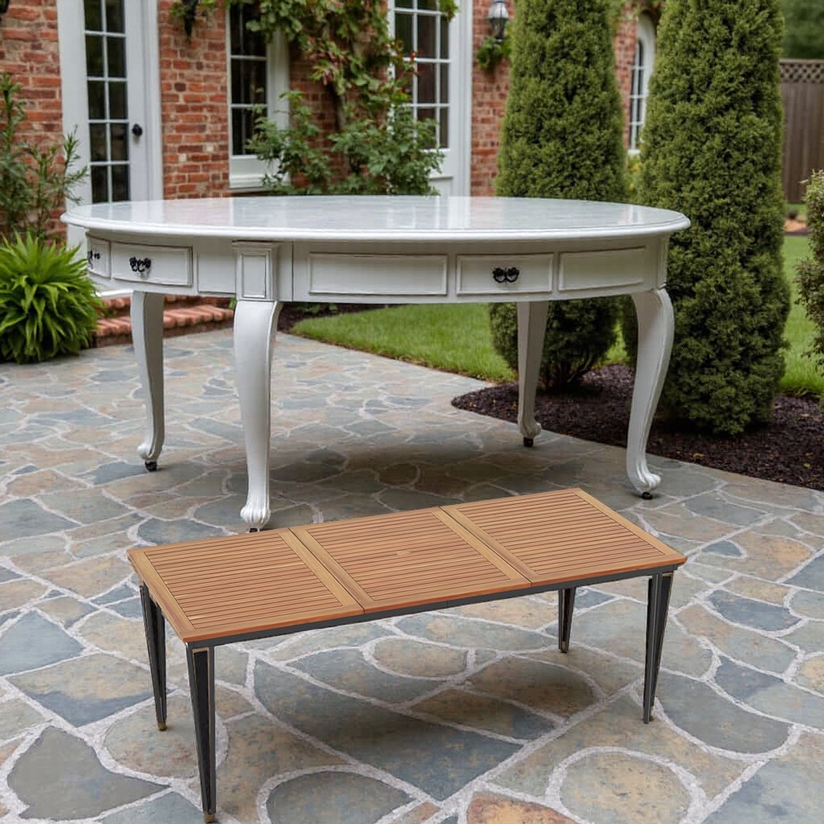 Luxe Tuintafel van Acaciahout met Metalen Frame – 200x90 cm – Parasolgat – 8 Personen – Tr