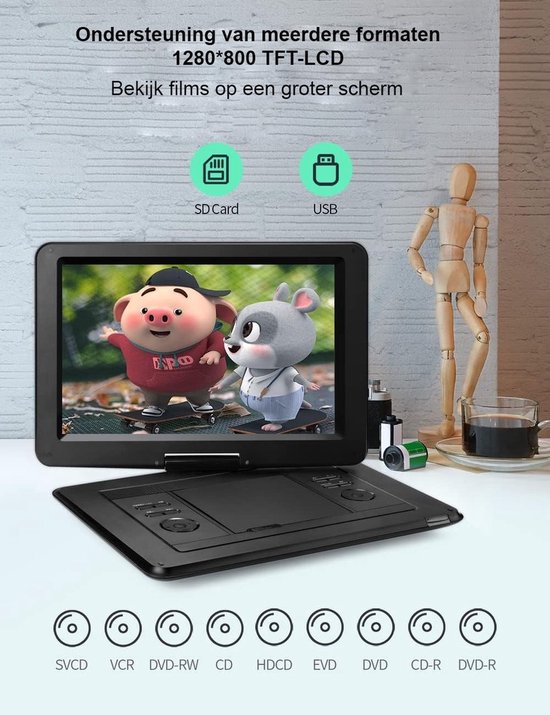QPFO® Draagbare dvd speler - 17.5 inch - Groot hd draaibaar scherm 15.5 inch - 4 tot 6 uur speeltijd - Usb sd kaart ondersteuning - Geheugenfunctie — afbeelding 4