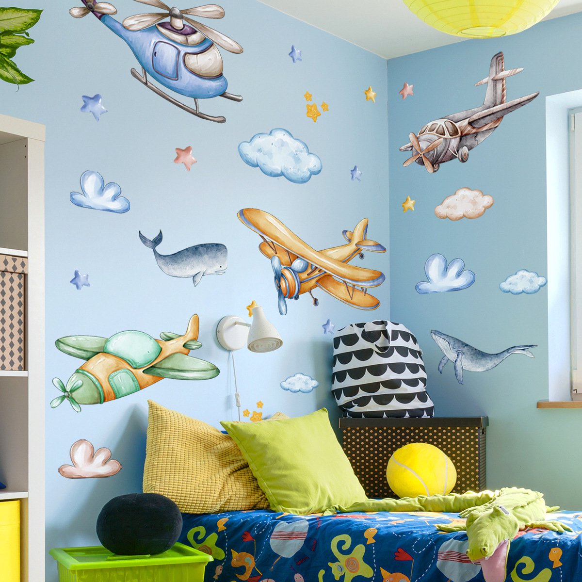 Muurstickers Vliegtuig & Walvis – Verwijderbare Kinderkamer Decoratie