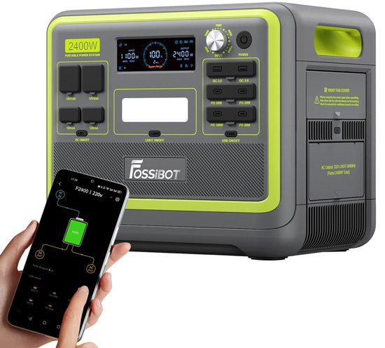 FOSSiBOT F2400 draagbare energiecentrale, 2048Wh LiFePO4 batterij 2400W output zonnegenerator, 3xAC RV auto USB Type-C QC3.0 PD DC5521 zuivere sinusgolf volledige verkooppunten, 1,5 uur snel opladen, input vermogen instelknop - Groen