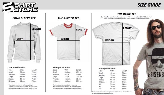 Maattabel met grafieken voor shirts met lange mouwen, ringers en basic T-shirts. Rechts een man met zonnebril en hoed.