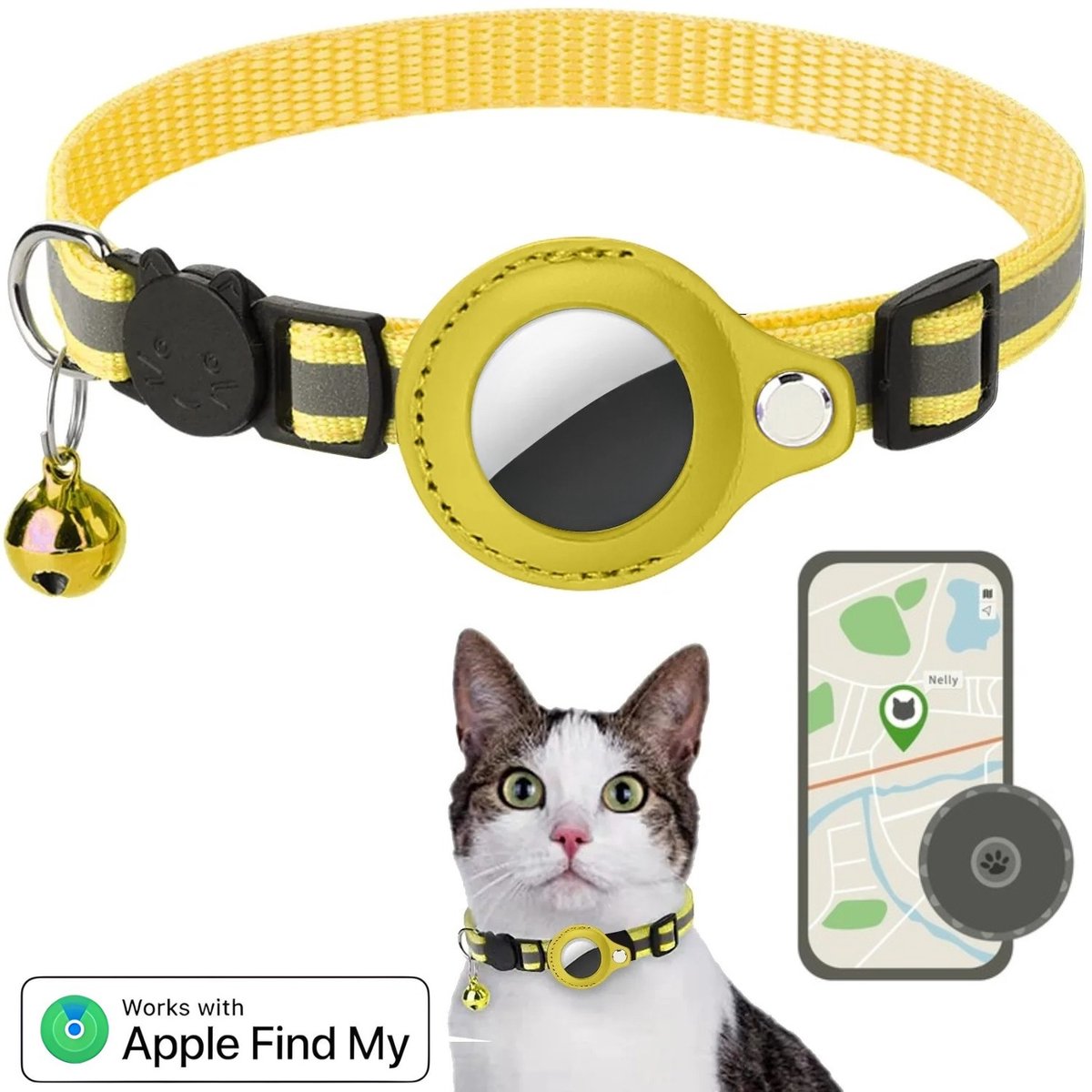 BlueTime ® - Kattenhalsband inclusief Tag - Halsband Kat & Kitten met Kattenbelletje - Gps Tracker Kat zonder Abonnement - Geschikt voor Apple Find My - Kattenbandje, Poes, Kattenriem air & Tuigje met Houder - Geel