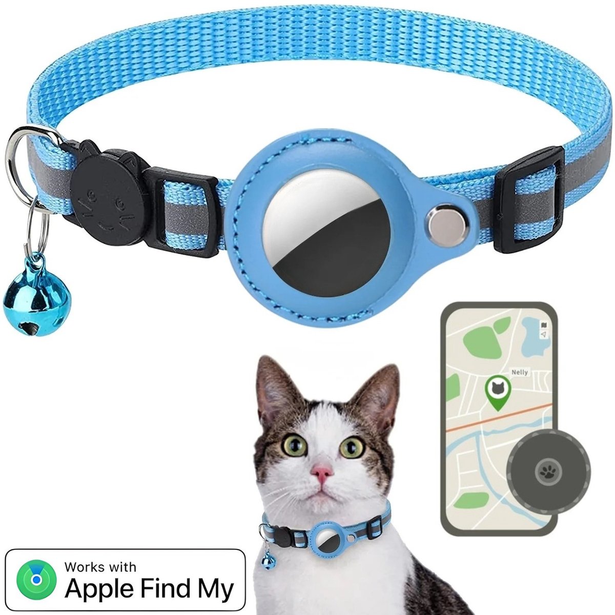 BlueTime ® - Kattenhalsband inclusief Tag - Halsband Kat & Kitten met Kattenbelletje - Gps Tracker Kat zonder Abonnement - Geschikt voor Apple Find My - Kattenbandje, Poes, Kattenriem air & Tuigje met Houder - Blauw