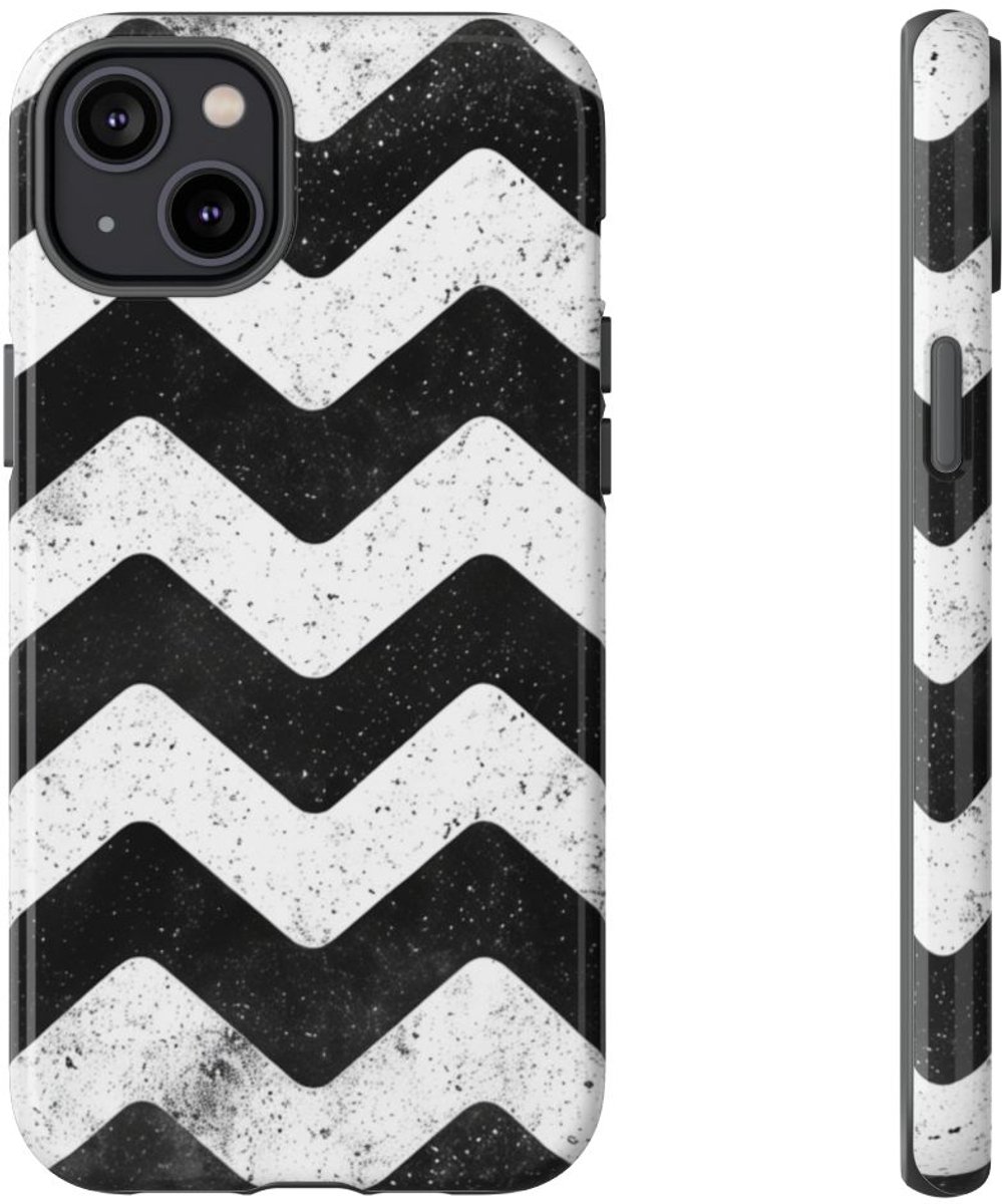 Zwart-Wit Zigzagpatroon met Vintage Effect – Telefoonhoesje Geschikt voor iPhone 14 Plus