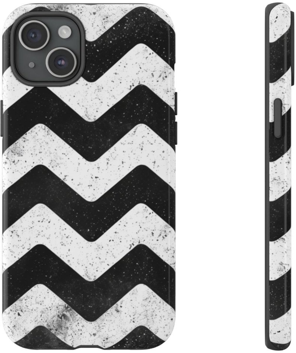 Zwart-Wit Zigzagpatroon met Vintage Effect – Telefoonhoesje Geschikt voor iPhone 15 Plus