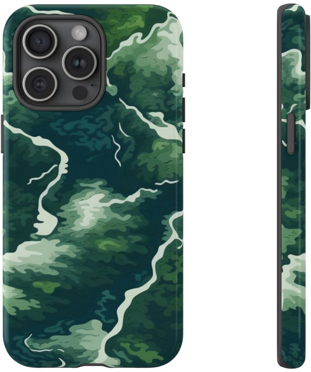Abstracte Groene Rivier en Bospatroon – Telefoonhoesje Geschikt voor iPhone 15 Pro Max