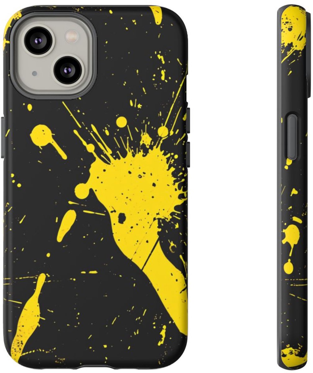 Gele Verfspatten op Zwarte Achtergrond – Telefoonhoesje Geschikt voor iPhone 14