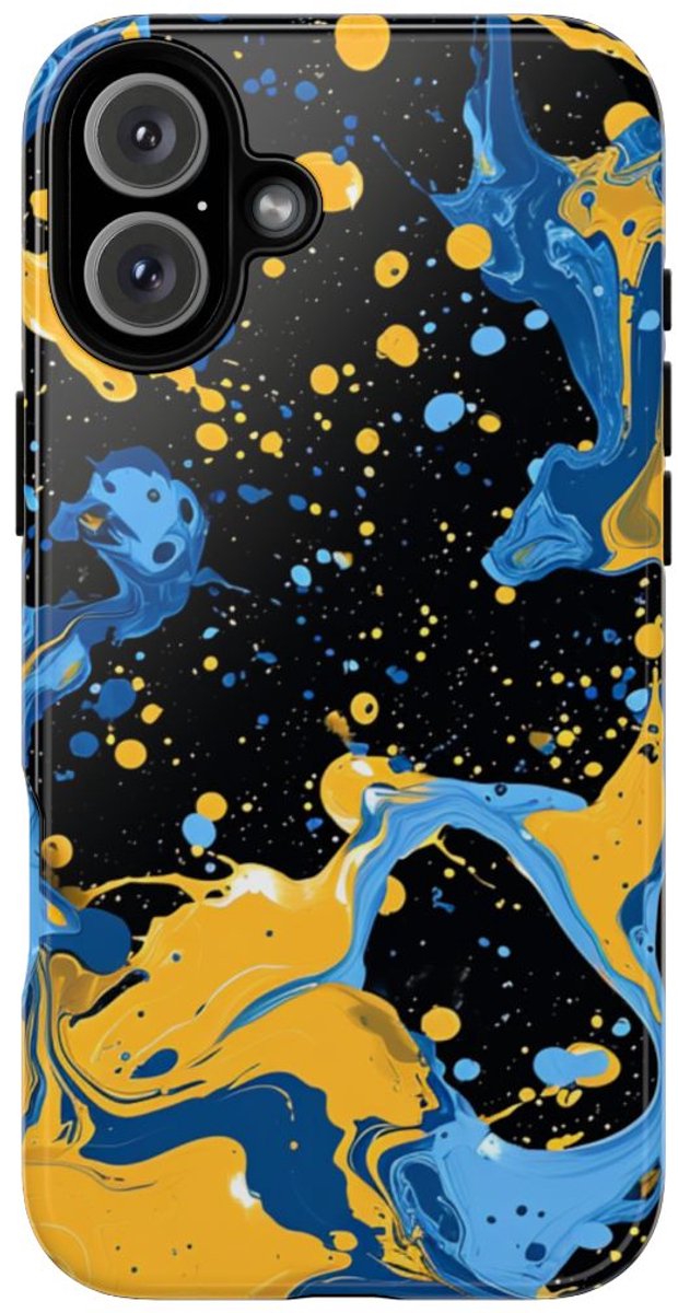 Blauwe en Gele Verfspatten Abstract – Telefoonhoesje Geschikt voor iPhone 16 Plus