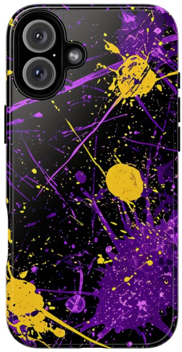 Paarse en Gele Verfspatten Abstract – Telefoonhoesje Geschikt voor iPhone 16 Plus