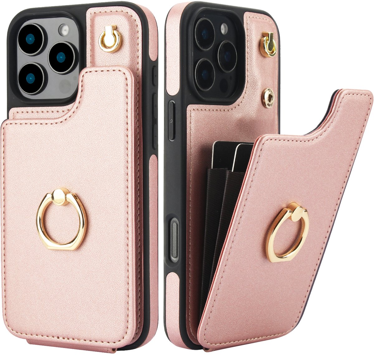 Luxe Hoesje met Portemonnee & Ringhouder – Geschikt voor Apple iPhone 16 Pro Max – Roze