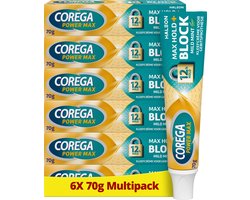 Corega Max Hold + Block Mild Mint - Kleefcrème – Kunstgebit - Superieure Fixatie - Bescherming Tegen Voedseldeeltjes - Precieze Dosering & Milde Muntsmaak - 6 x 70 g