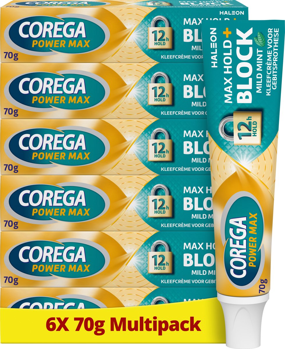 Corega Max Hold + Block Mild Mint kleefcrème voor de gebitsprothese voor superieure fixatie en bescherming tegen voedseldeeltjes, 6 x 70 g