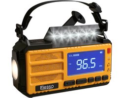 Elesso® Noodradio - 10.000 mAh - 2025 verbeterde versie - Solar Opwindbaar - Solar Powerbank Zonneenergie - Draagbare Radio op batterijen - Zaklamp led oplaadbaar - Survival Noodpakket - Oranje