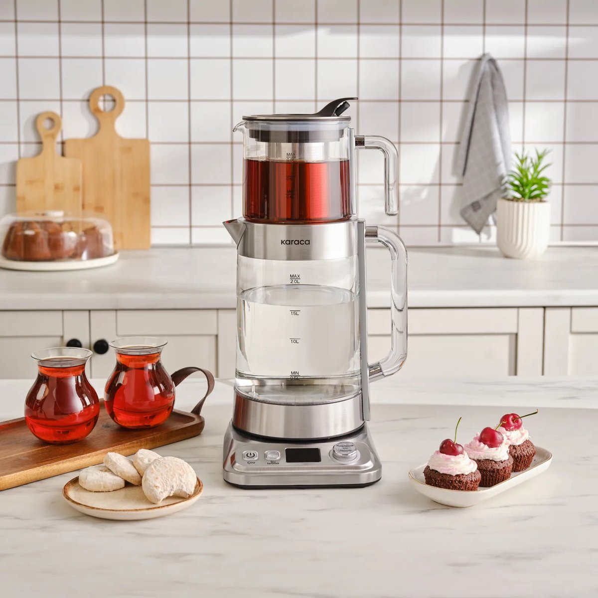 Karaca XL Glas – Elektrische Theepot – 2800 ml – Chrome – 2200W