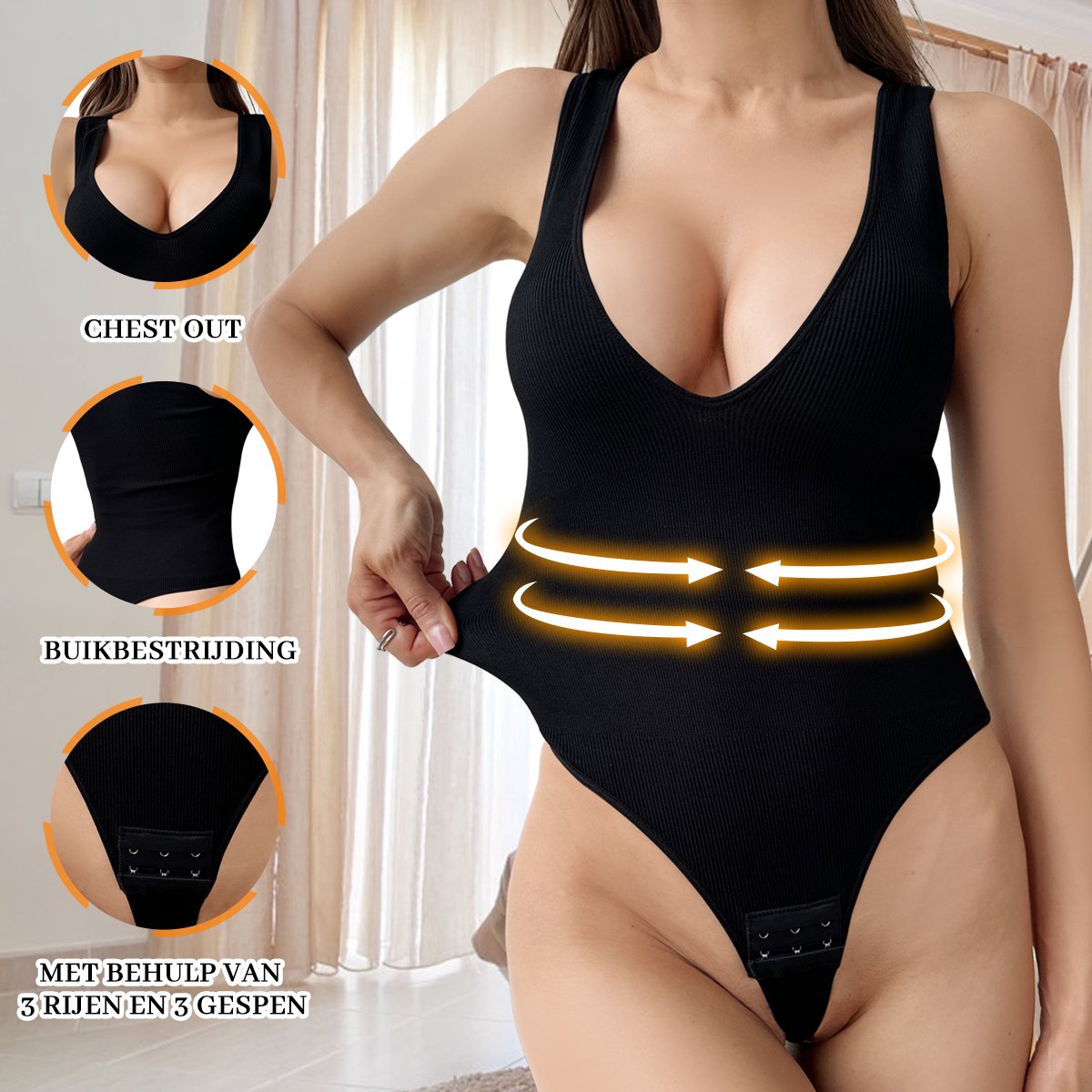 VIMOSE Corrigerende Body dames-corrigerende bodysuit-onzichtbare body-Shapewear-Bodysuit Dames-Bodyshaper Correctie voor Full Body-Bodysuit zonder beugel-Corrigerende slip-Dames slips-Shapewear met diepe V-hals-Zwart-S
