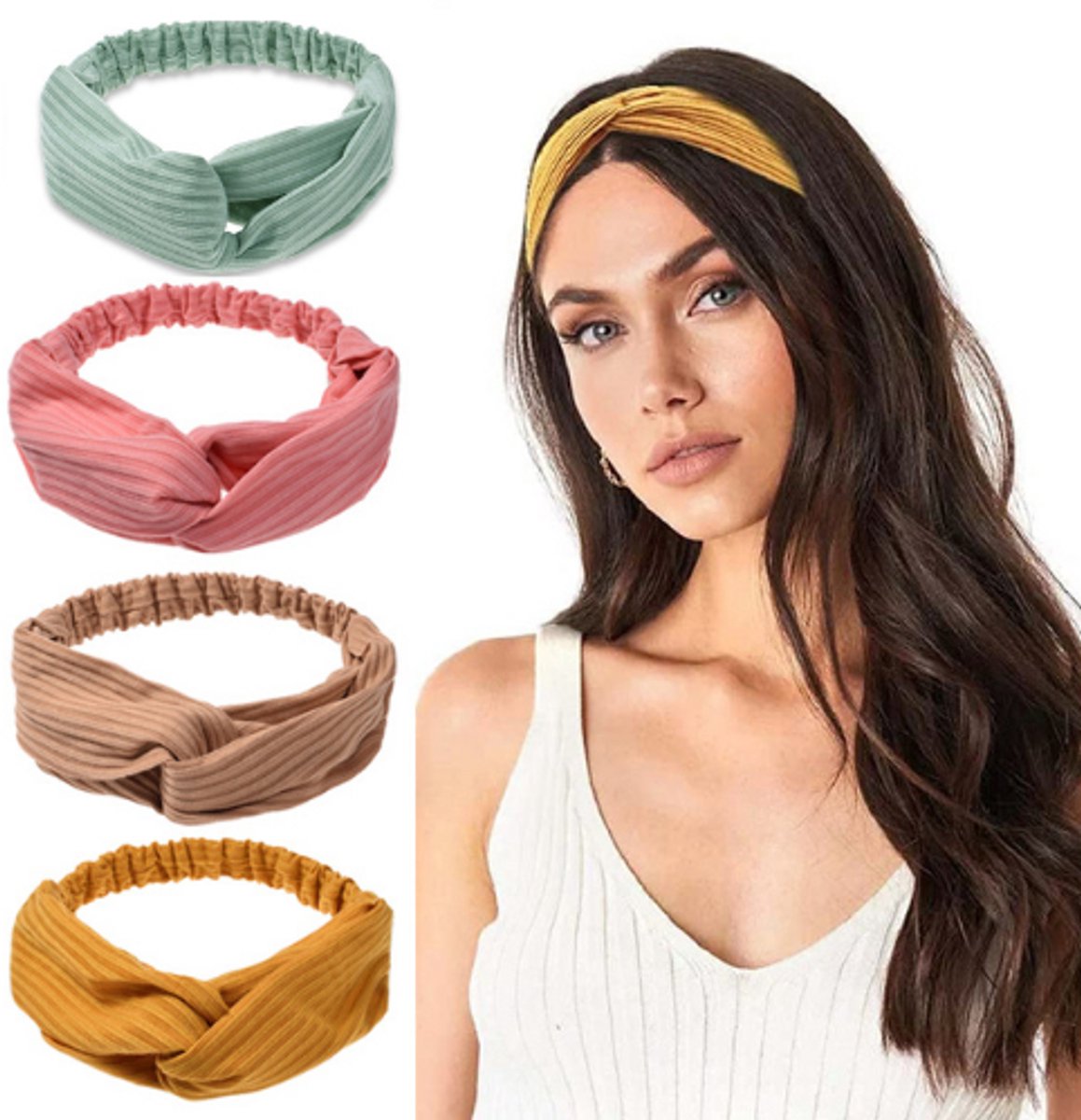 Dames Haarbanden – Set van 4 – Elastische Haaraccessoires – Stoffen Haarband – Knoop cross knitted haarbanden – Sport Haarbanden – Fashion Hoofdband – Haarstrikken – Casual & Sportief – One Size