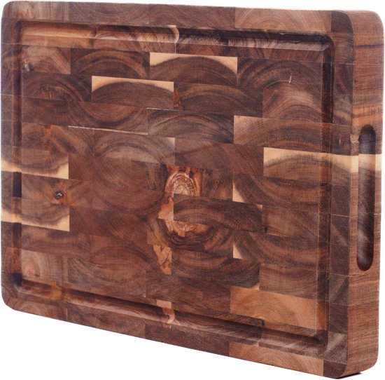 Kroon Professionele Snijplank Acacia Hout – Met Sapgeul & Handgrepen – Anti-Slip Hakblok / Borrelplank – Kopshout 38x26x3,5 cm