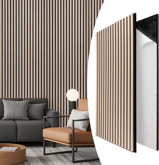 Moderne woonkamer met stoffen bank, lederen fauteuil en een houten lamellenwand. Paneel wordt getoond met achterkant.