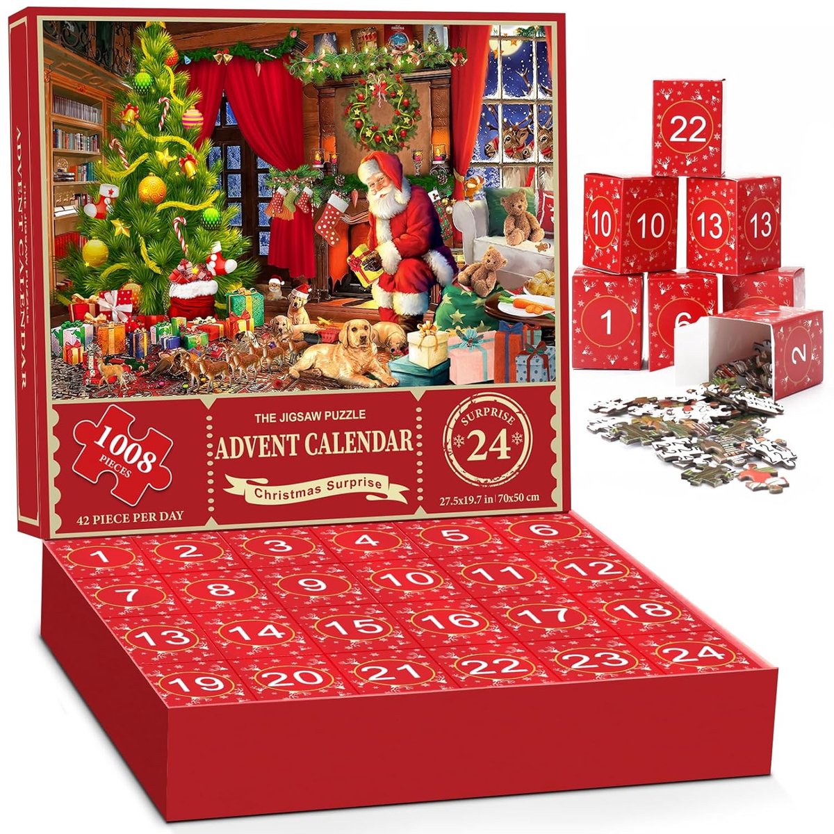 Adventskalender met Kerstman puzzel en 24 vakjes - Kerstcadeau.