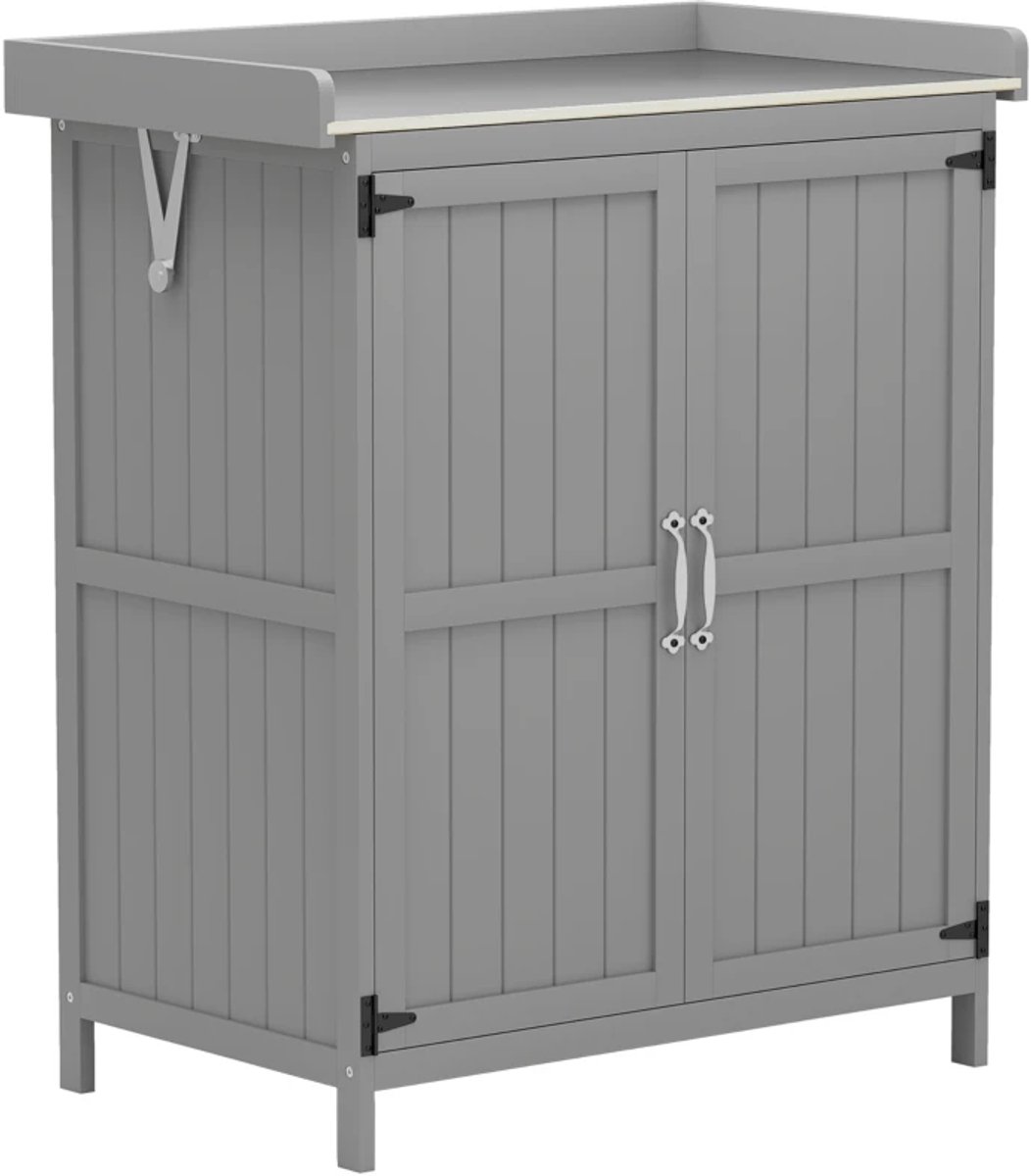 Tuinkast Hout - Buitenkast met Werkblad - Opbergkasten - Tuinhuis - Tuinschuur - Gereedschapskast - Tuinberging - Weerbestendig - voor Buiten, Tuin & Balkon - Hout en Roestvrij Staal - Grijs